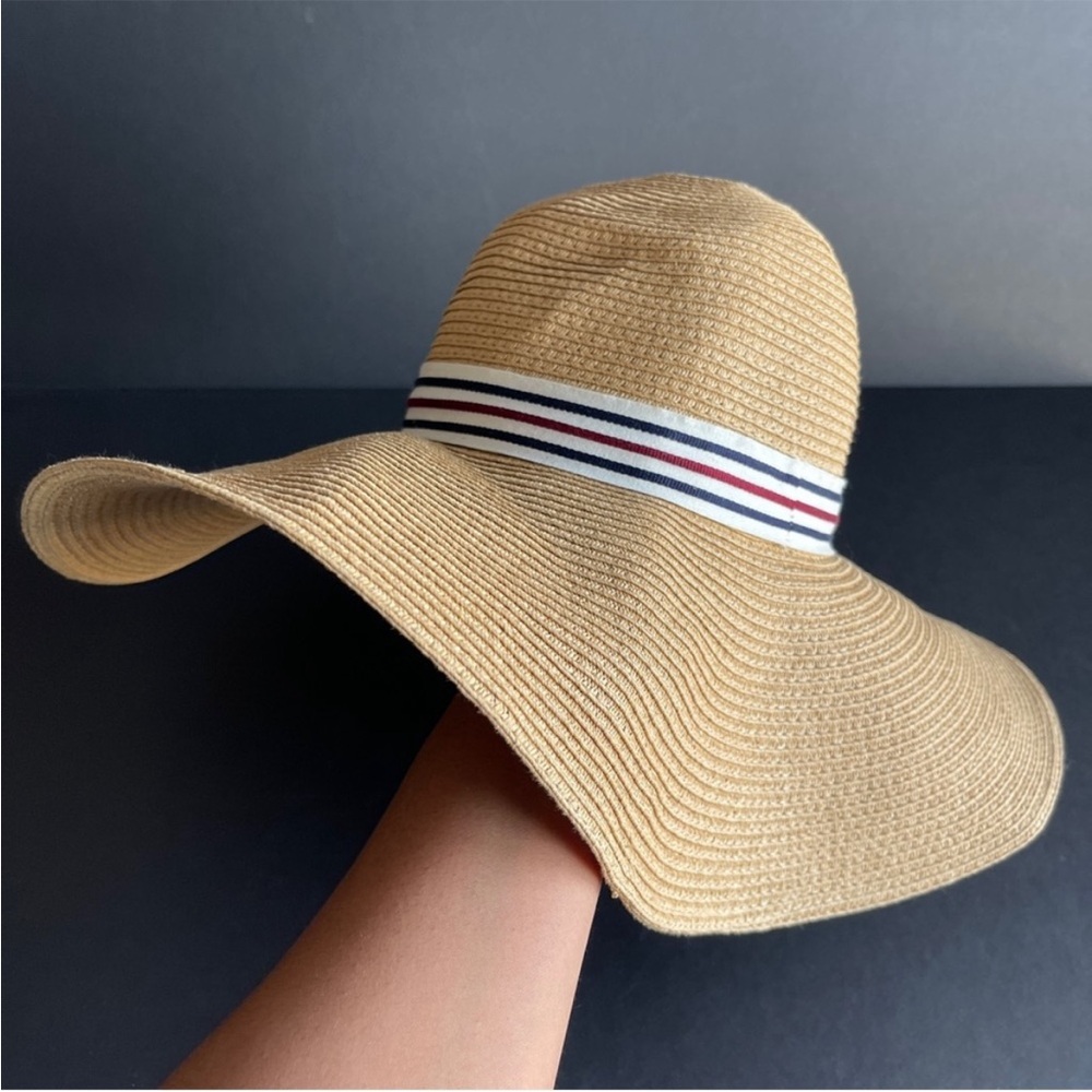 Express Tan Wide Brim Straw Hat with Striped Trim
